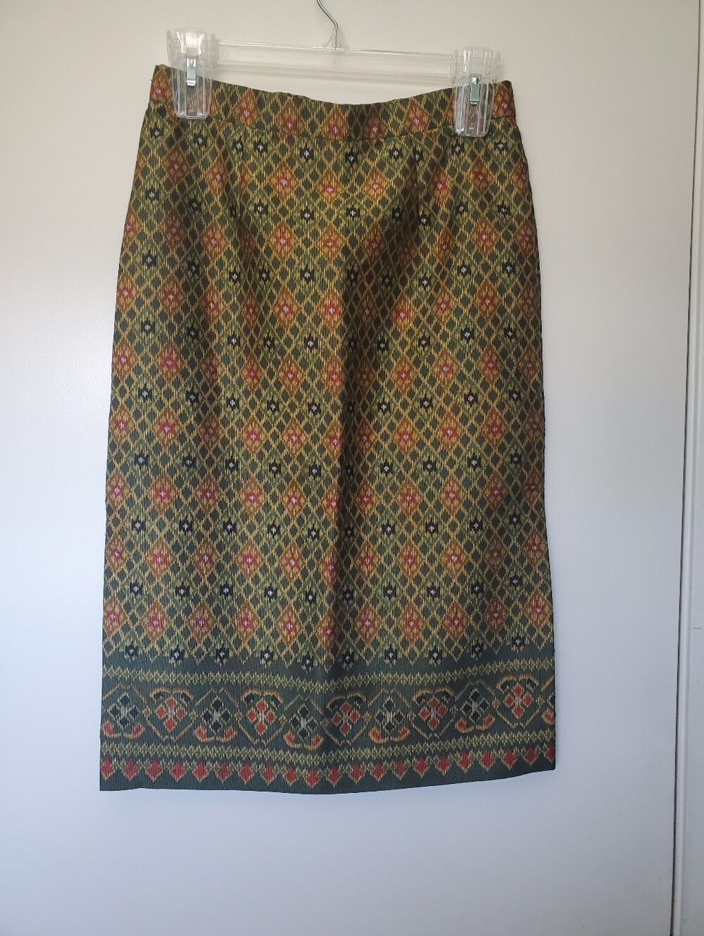 Traditional Thai Lao Brocade Midi Skirt Green/Gold Faux Silk Folk Ethnic  S